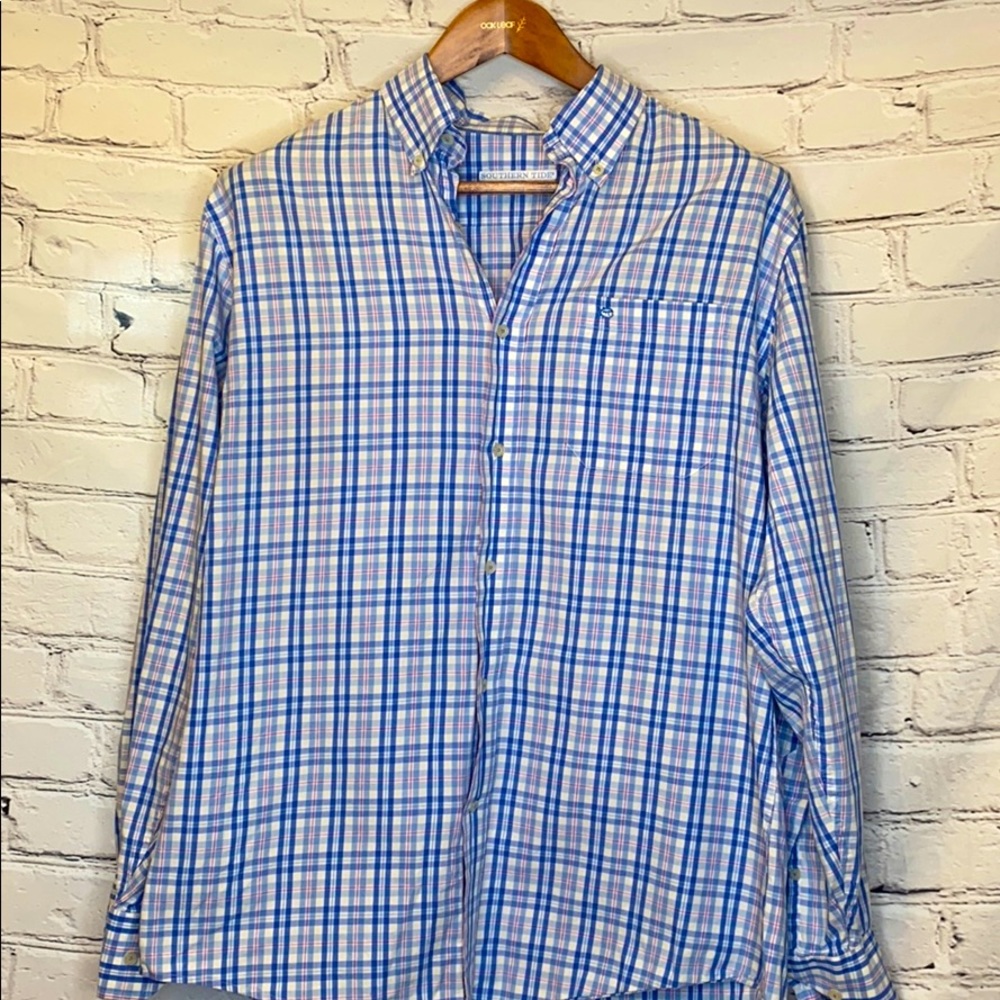 Southern Tide Blue & Pink Plaid Long Sleeve Button Down Shirt Size Medium